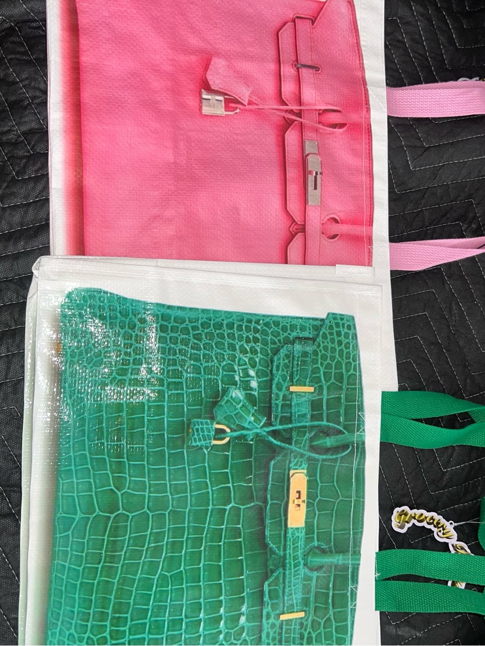Pink and Green Women's Tote Bag Set - quilted plastic with cotton handles. (2)